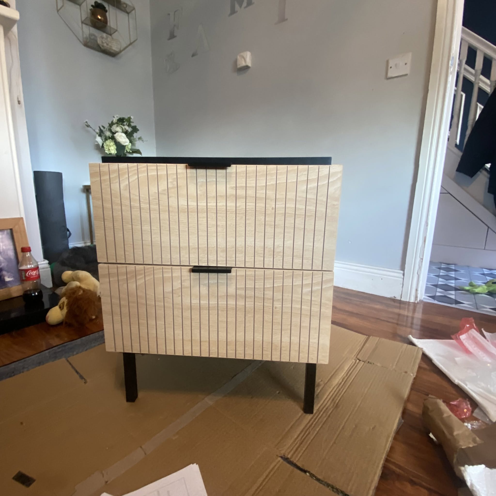 Two-drawer bedside locker with slatted oak drawer fronts, assembled